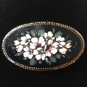 Vintage Russian Tole Hand Painted &Signed Wood Pin